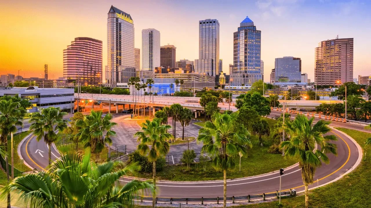  A vibrant cityscape with tall buildings, palm trees, and a colorful sunset. The image captures the beauty and energy of an urban environment.