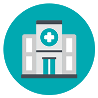 Hospital building icon with a medical cross.