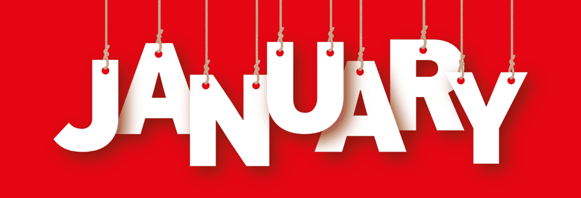 the word "JANUARY" in a bold, creative design, set against a vibrant red background. 