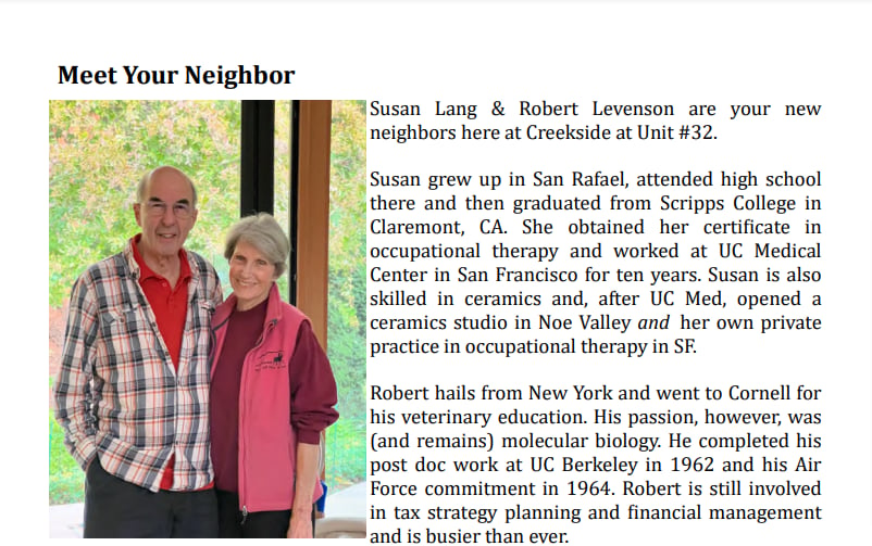 Robert and Susan Levinson - Community Newsletter