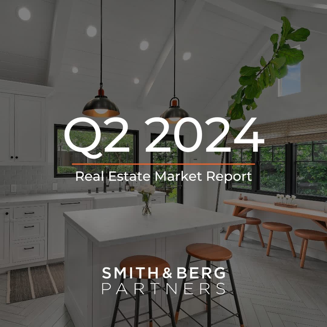  The cover of a "Real Estate Market Report" for "Q2 2024" features a modern kitchen interior with white cabinetry and a white kitchen island.