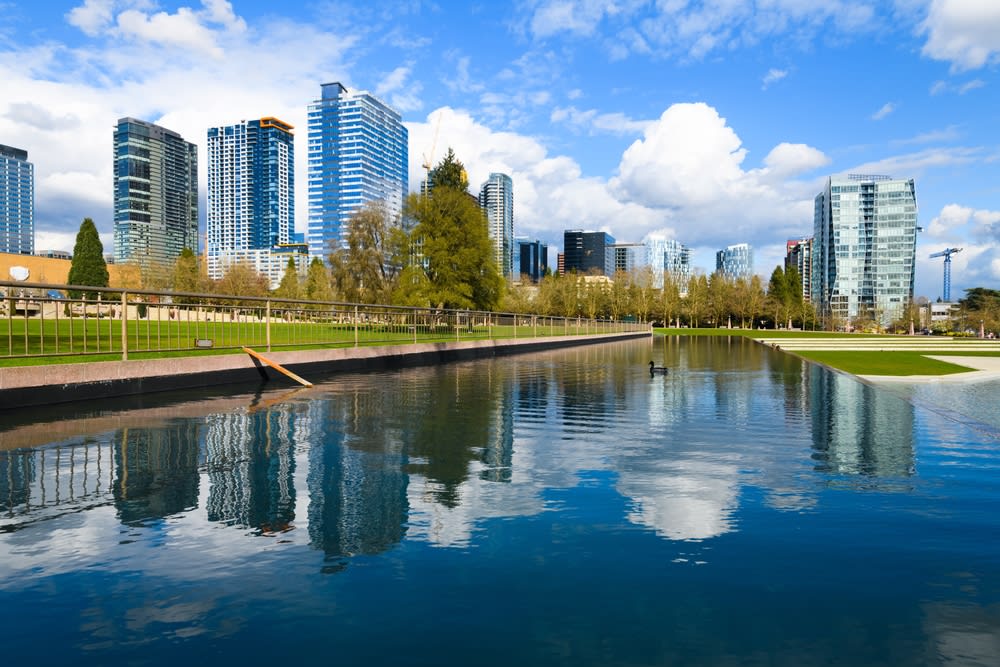 A lake with a reflection of a city skyline in it.