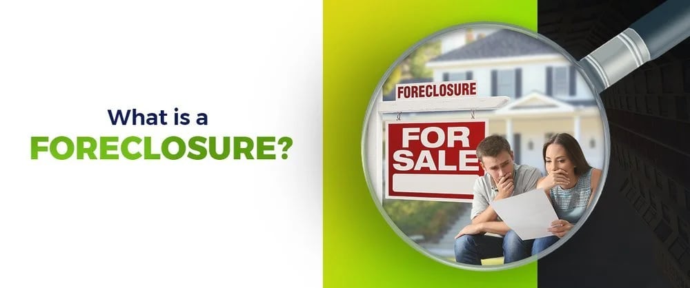 Foreclosure explainer graphic showing a for-sale sign and worried couple through a magnifying glass.