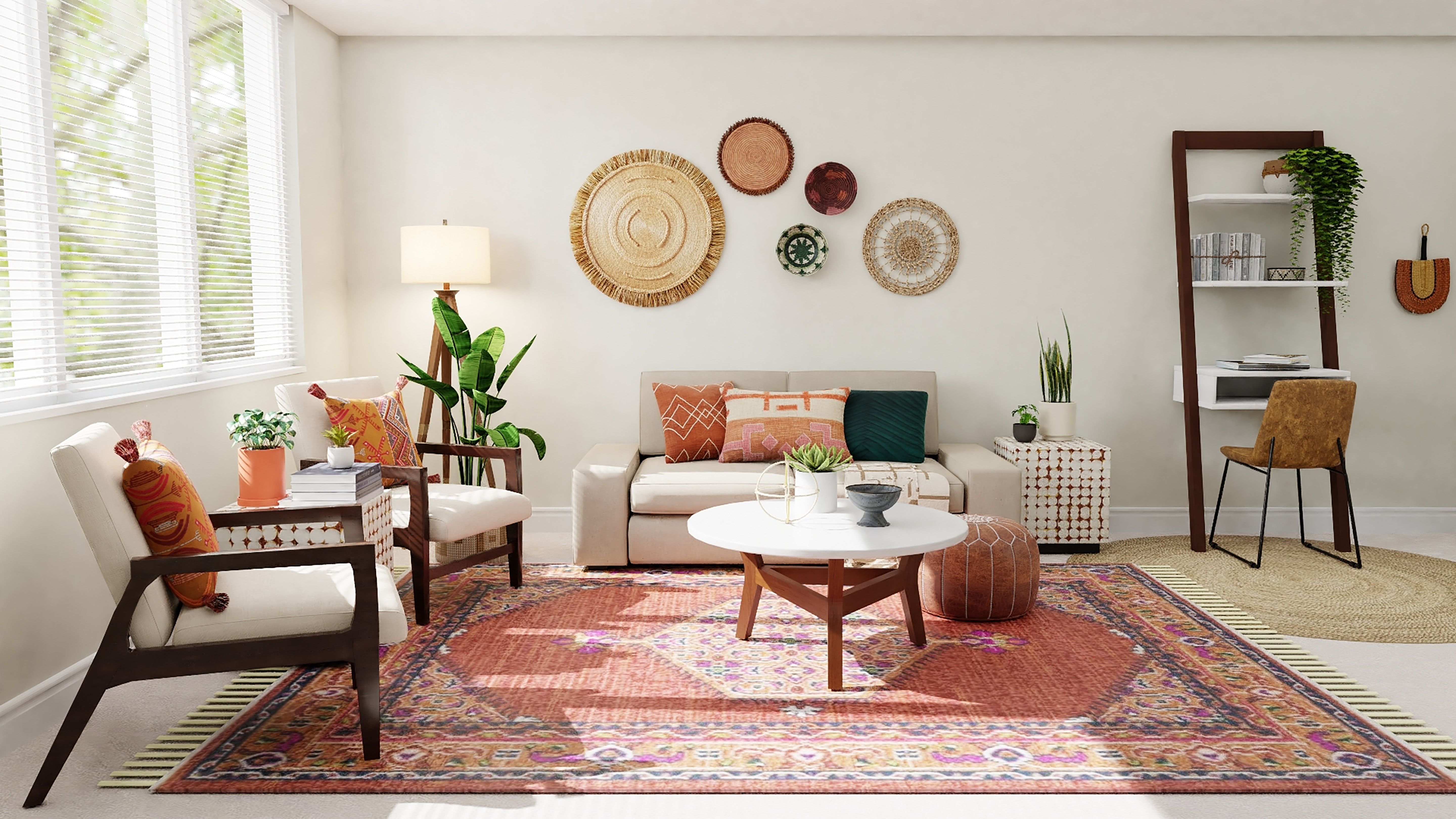 Bright living room with a cream sofa, colorful rug, woven wall decor, and large sunlit windows.