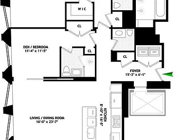 Floor plan of 505 W 19th St., Apt 7C, with a den, living/dining room, kitchen, and foyer.