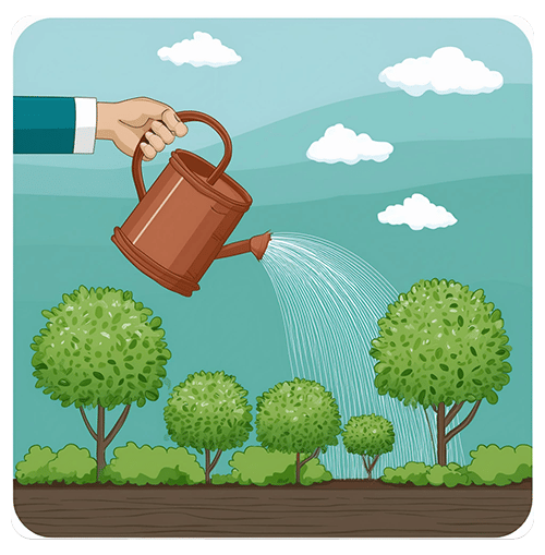 A hand pours water from a watering can over shrubs and small trees.