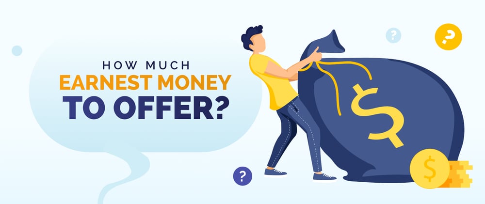 Illustration asking how much earnest money to offer, with a person beside a large money bag.