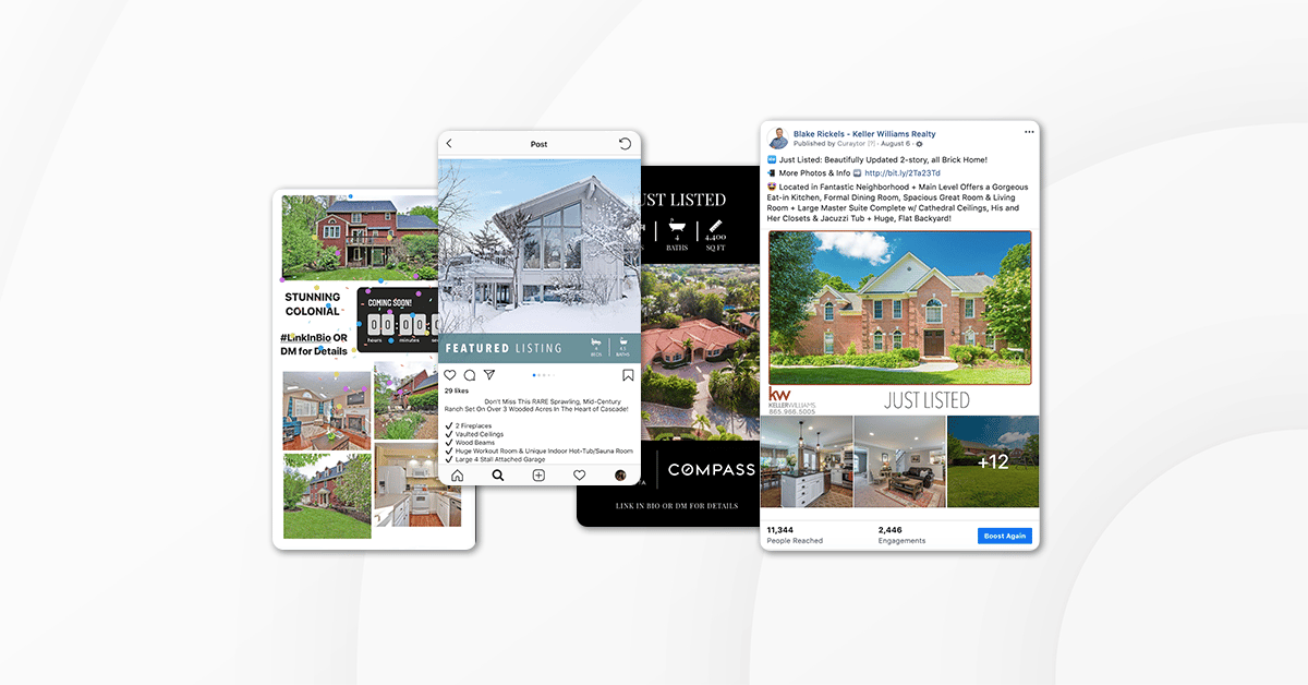 Real estate listings promoted across social media, including colonial, modern, and brick homes.
