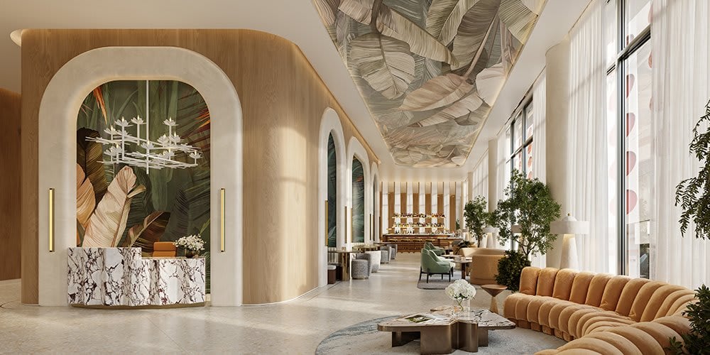 Viceroy Brickell residential lobby with an arched marble reception desk and mustard-colored sofa.