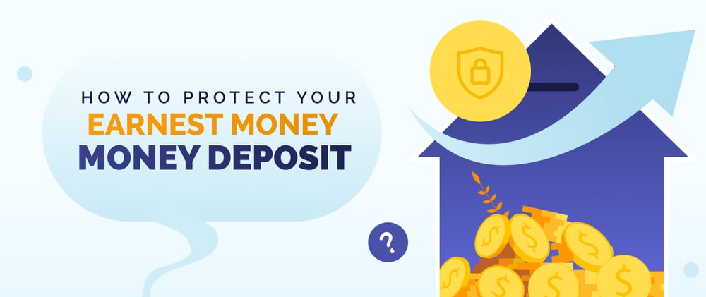 Graphic explaining how to protect an earnest money deposit, with a house, coins, and shield-and-lock symbol.