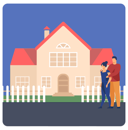 Illustration of a couple standing in front of a peach-colored house.