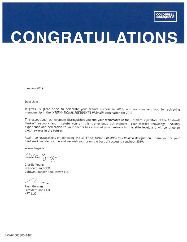  A congratulatory letter from Coldwell Banker, dated January 2019, addressed to "Dear Joe." 