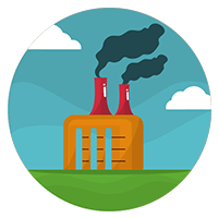 Factory smokestacks emitting dark smoke above green ground.