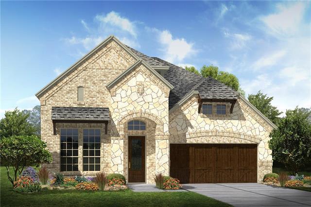 Rendered home exterior with a pale stone facade, arched entry, and attached two-car garage.