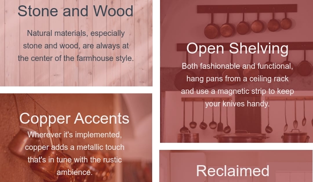 Farmhouse kitchen design tips featuring stone and wood, open shelving, and copper accents.