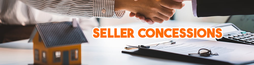 Seller concessions: a handshake beside a model house, paperwork, and calculator.