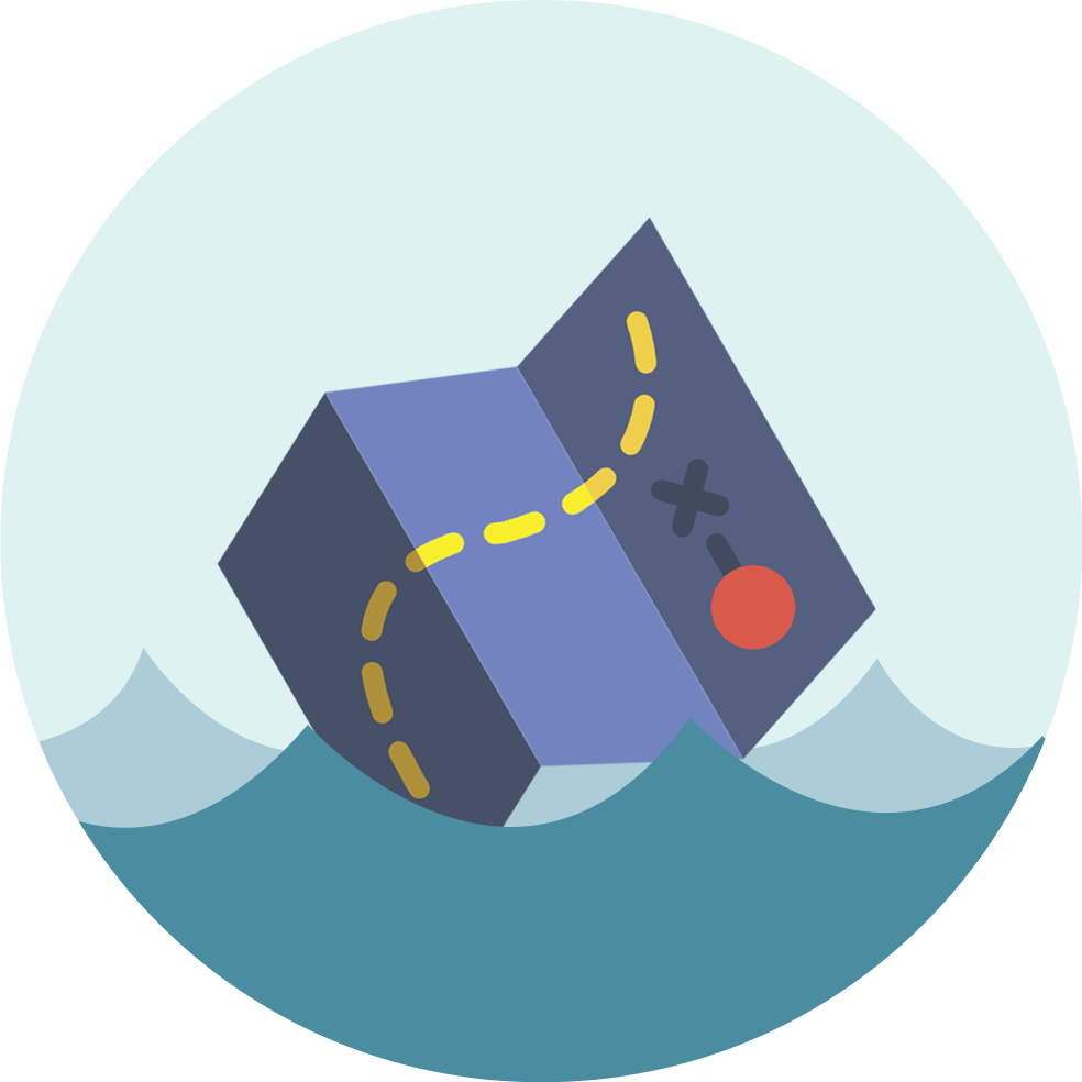 Flood risk map with a route and location marker surrounded by rising water.