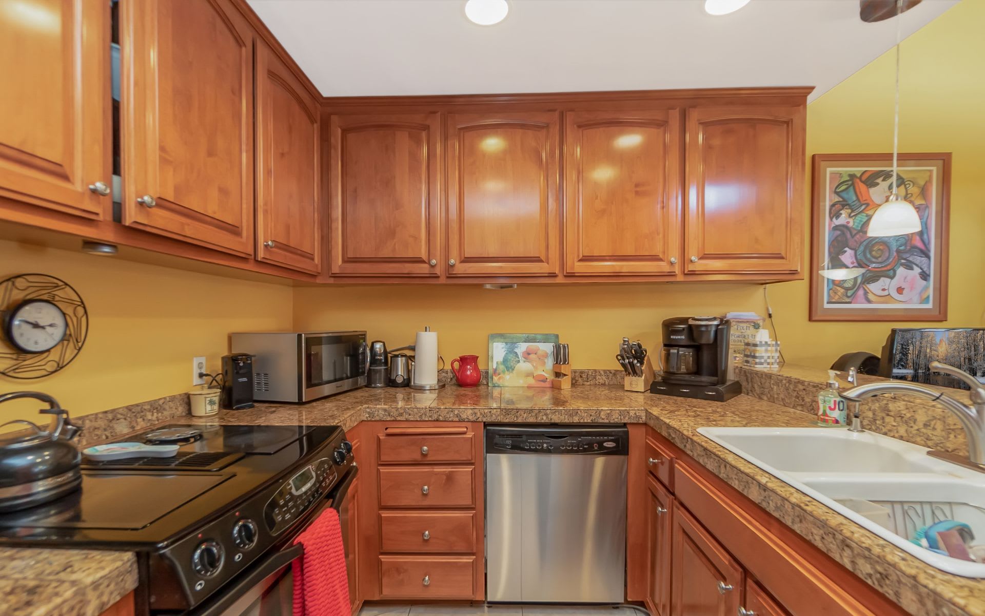 Kitchen with warm wood cabinets, granite countertops, a stainless dishwasher, and a white double-basin sink.