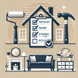 Home-selling checklist with checked paint and staging tasks, illustrated with a house and painting tools.