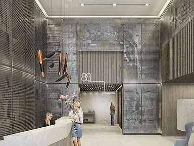 Lobby with dark patterned tile walls, a pale reception counter, and a slatted feature wall marked 88.