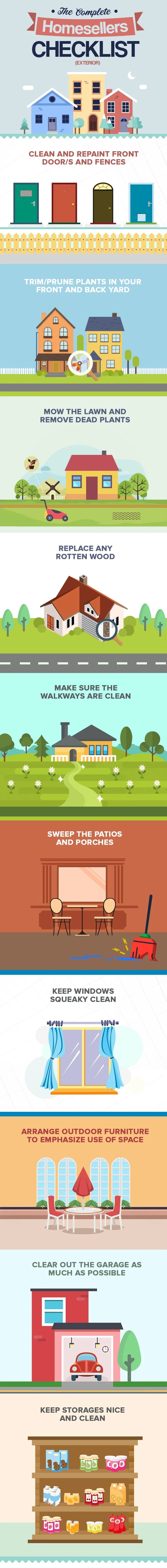 Exterior home sellers’ checklist infographic with illustrated tips for preparing a home and yard for sale.
