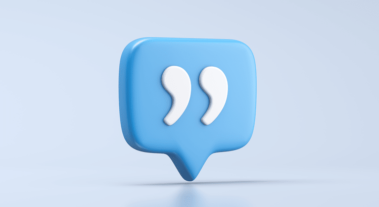 A blue speech bubble with white quotation marks on a light blue background.