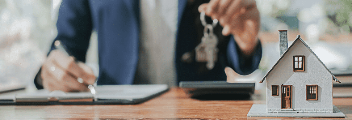A real estate transaction scene, focusing on the exchange of keys and documents.