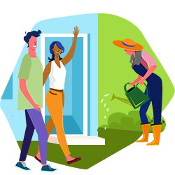 People outside a home, with one watering plants beside an open doorway.