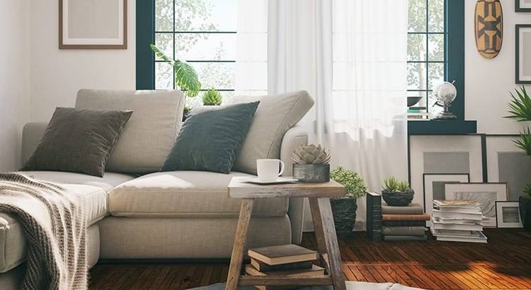 A cozy living room scene with a sofa, cushions, a small table, and a plant. The setting is warm and inviting, with natural light coming through a window.