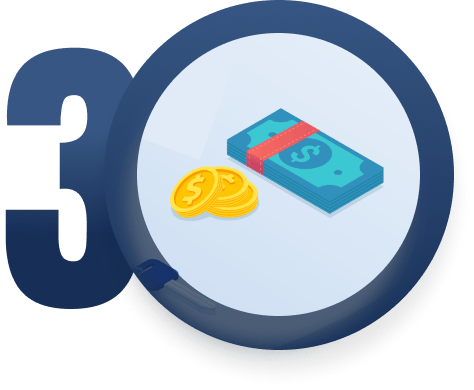 Number 3 beside a magnifying glass enlarging banknotes and gold coins.