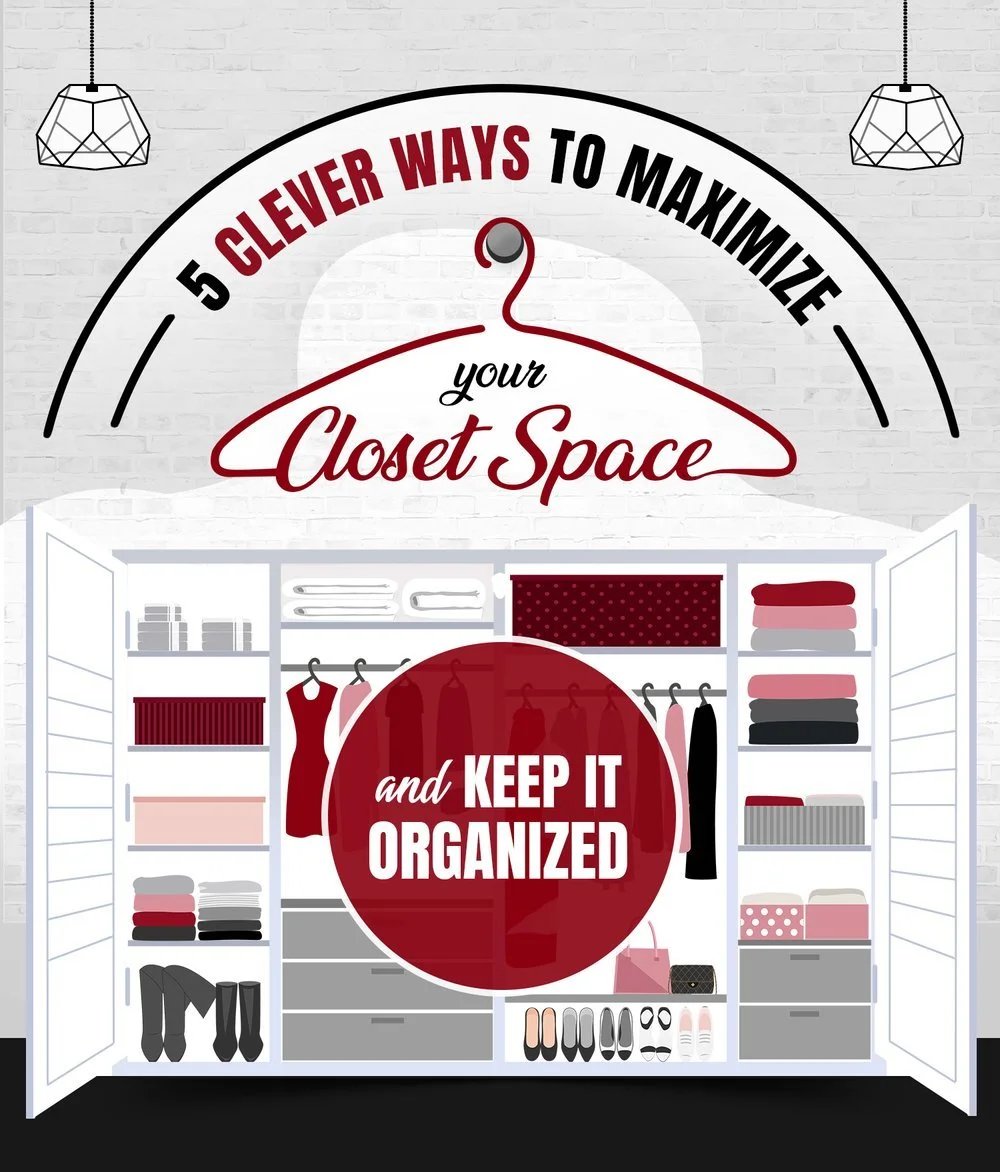Illustrated organized closet with the headline “5 Clever Ways to Maximize Your Closet Space and Keep It Organized.”