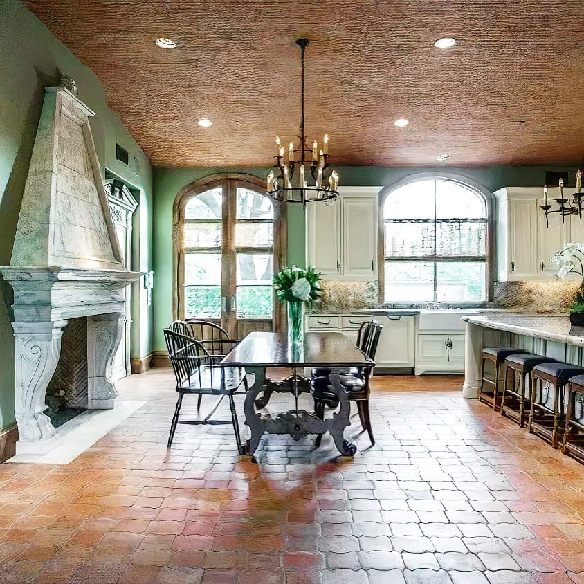 Cozy rustic farmhouse kitchen with a fireplace, vintage accents, and charming details for a warm, country-inspired ambiance.