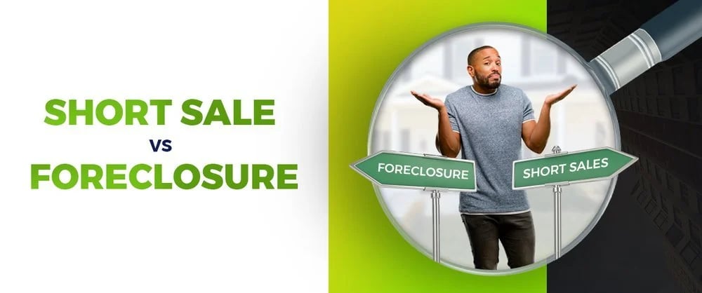 Short sales versus foreclosures, with a man choosing between signs for each option.
