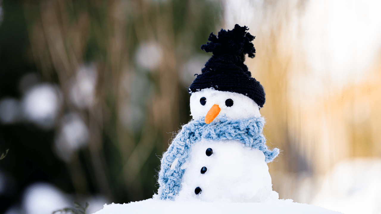 The snowman is adorned with a black knit hat and a light blue scarf, giving it a cozy winter look. 