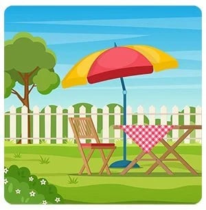Backyard patio with a red-and-yellow umbrella, folding chairs, and a checkered tablecloth.