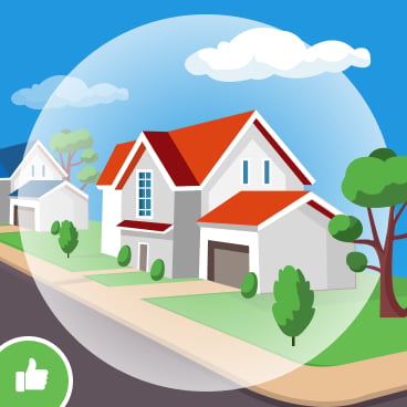 Two houses on a corner lot with a thumbs-up icon.