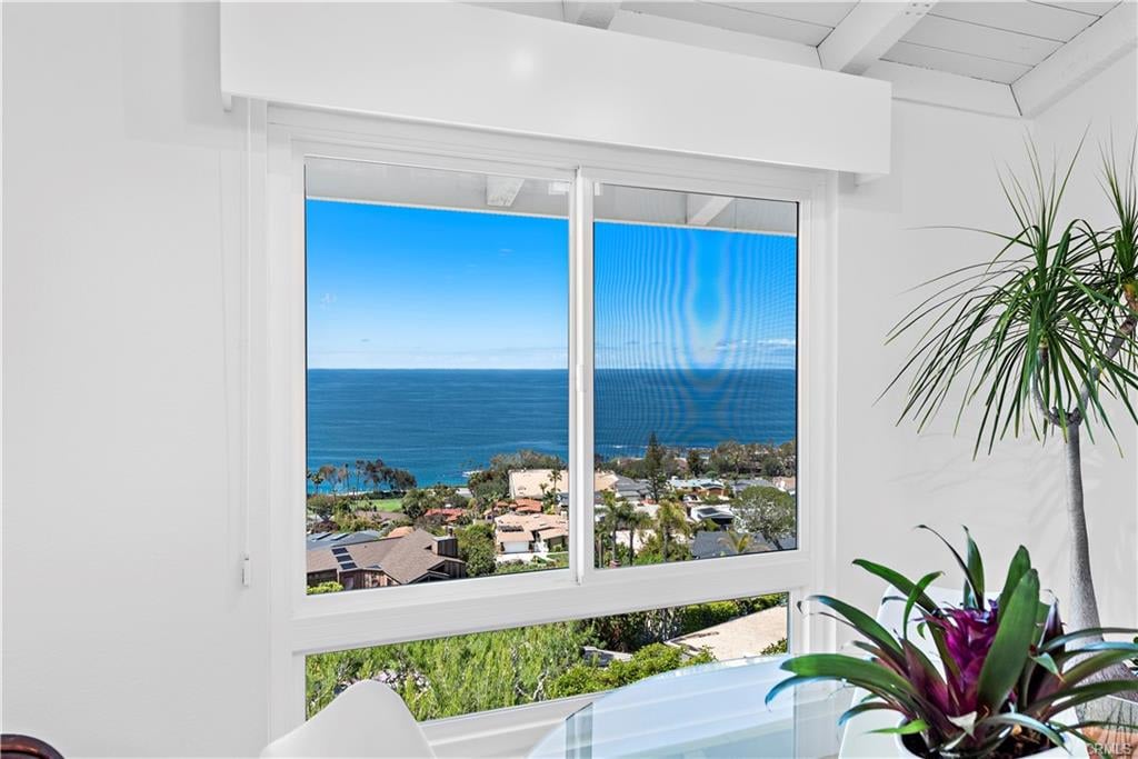 Bright interior window overlooking the ocean and coastal homes, framed by potted plants.