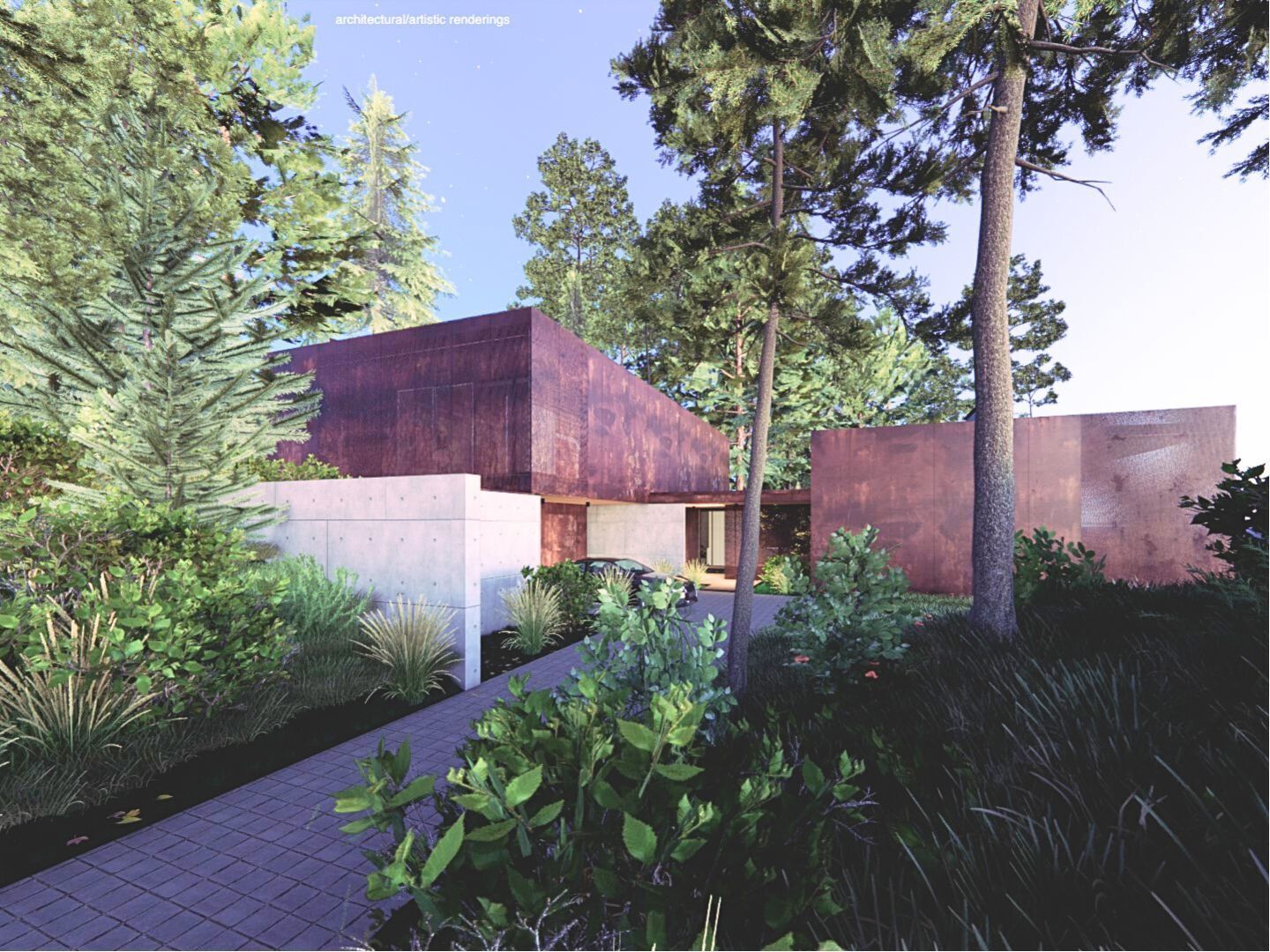 Modern angular home with rust-colored cladding and concrete walls among tall pines