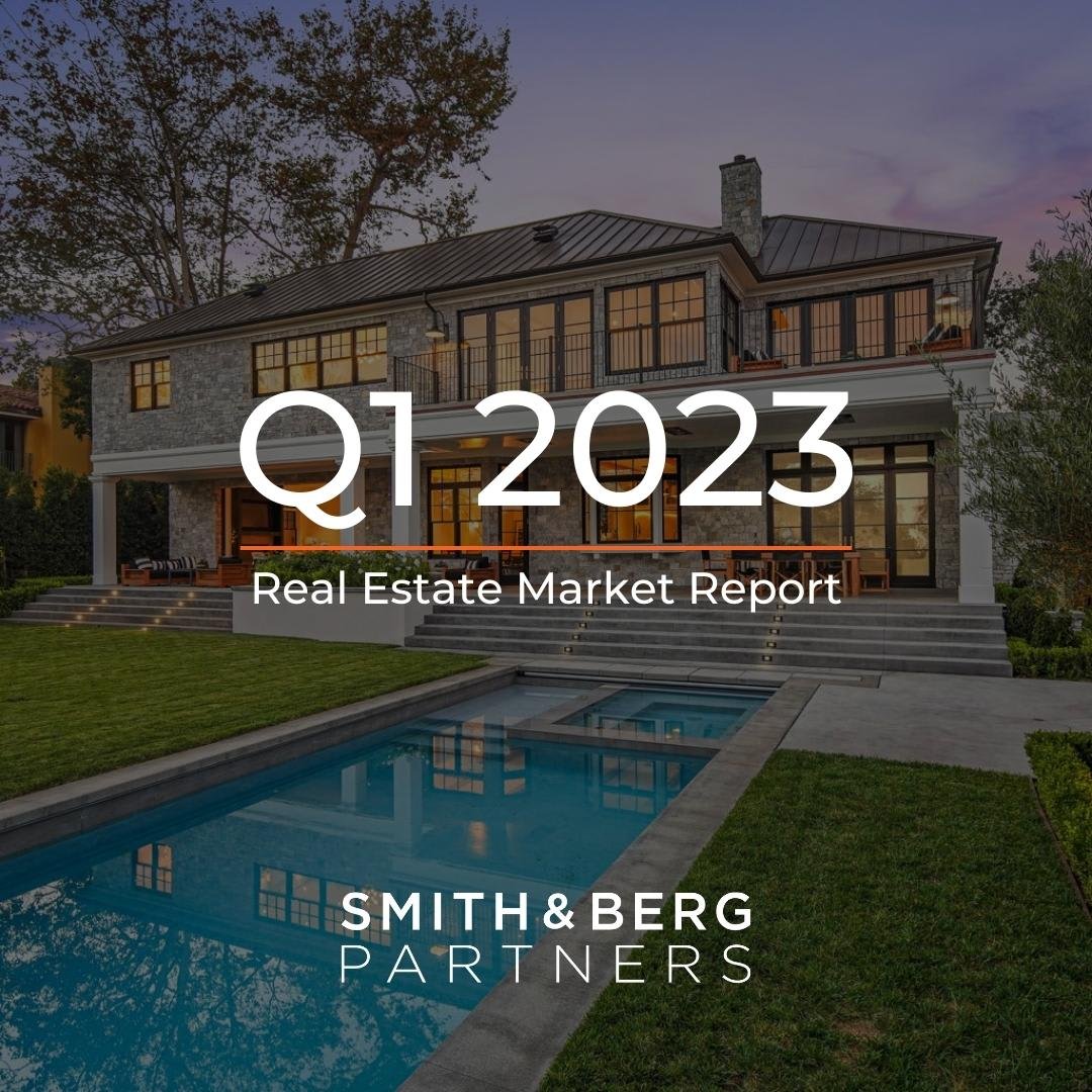  The cover of a "Real Estate Market Report" for "Q1 2023" features a grand, multi-story house with stone and white siding, and a dark roof. 