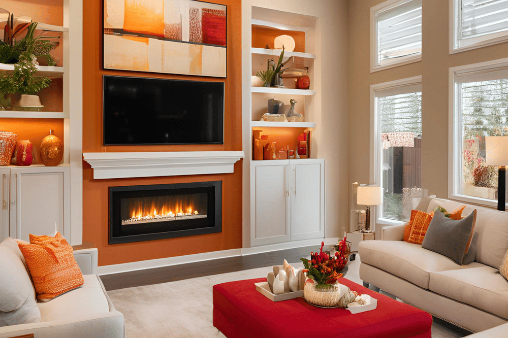 Living room with an orange fireplace wall, built-in shelves, tall windows, and a red ottoman.