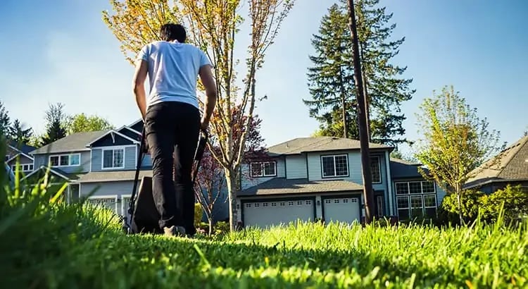 A person pushing a lawnmower on a green lawn with trees and houses in the background, suggesting outdoor maintenance or gardening.