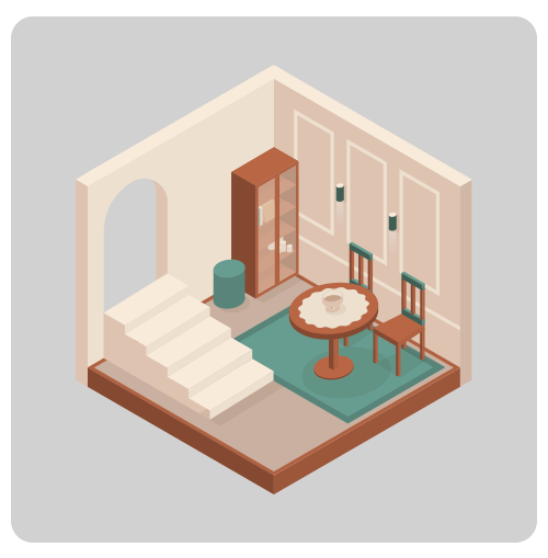 Isometric room illustration with a staircase, dining table, chairs, and teal rug.