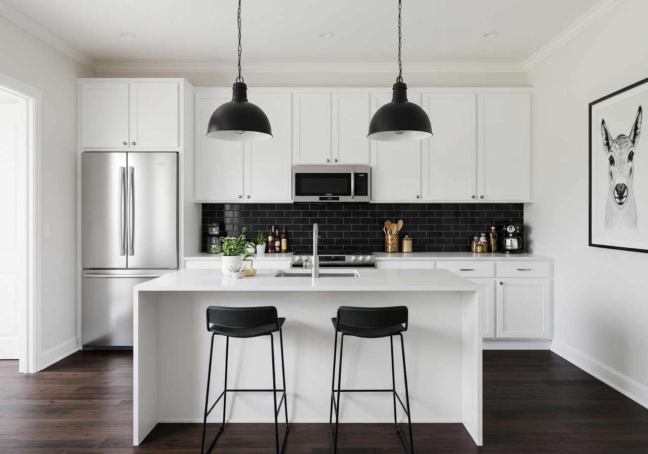 modern white kitchen with oversized fridge and wood floors