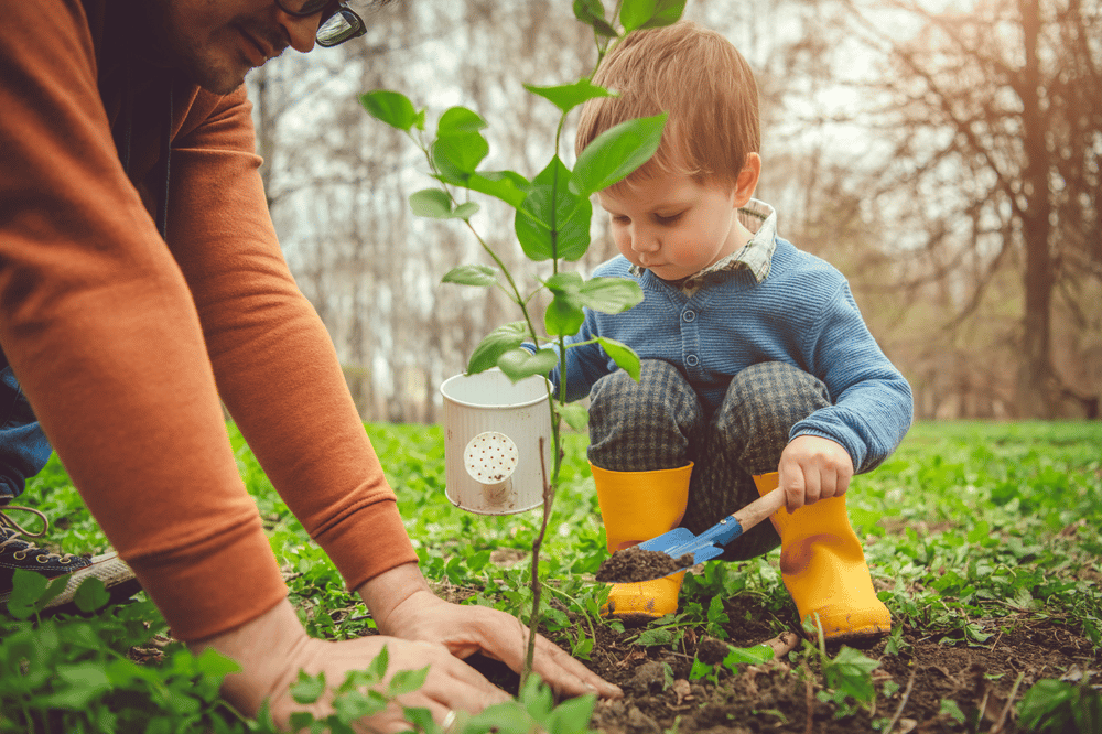 An adult and child plant a sapling in a garden, with a trowel and watering can nearby.