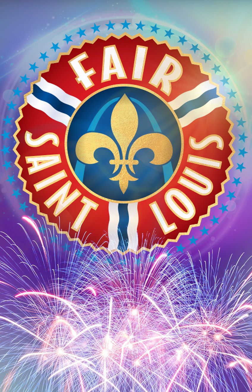 Fair Saint Louis emblem above a colorful fireworks display.