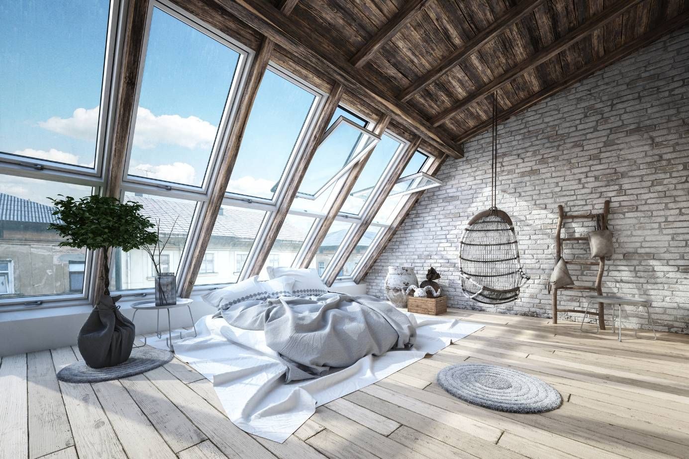 Attic bedroom with large skylights, exposed timber ceiling, white brick wall, and hanging chair.