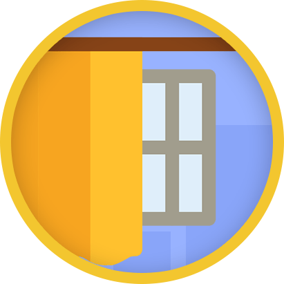 Open yellow door beside a four-pane window in a blue circular illustration.