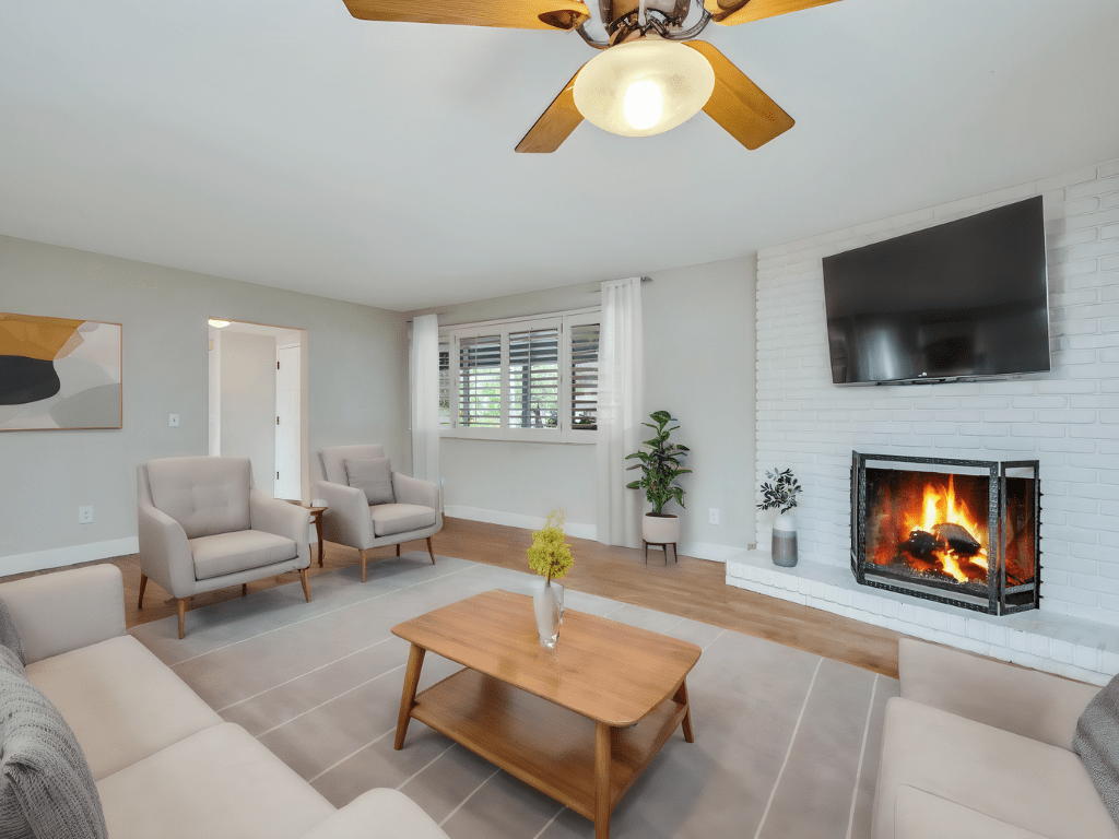 Virtually staged family room off kitchen