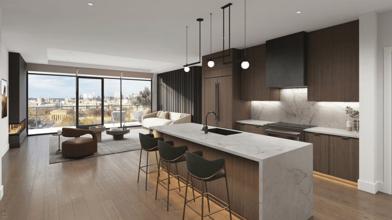 Modern living room at Athena at the Park with floor-to-ceiling windows, open-concept design, and luxury finishes in Nashville's West End.