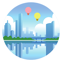 Illustrated city skyline and waterfront with reflected buildings, a bridge, and two balloons.